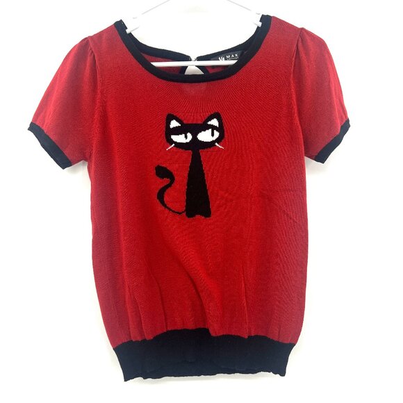 Ye Mak Red Black Cat Short Sleeve Sweater Top Women's Small - Picture 1 of 4